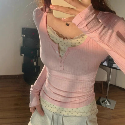 Women's Pink Floral Lace Fake Two-Piece Long Sleeve Top