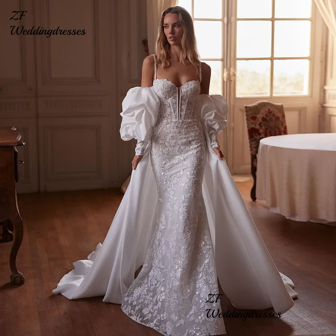 Beaded Shoulder Strapped Sequined Shiny Wedding Dress With Satin Detachable Train