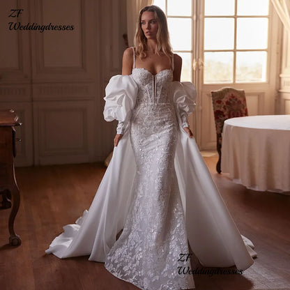 Beaded Shoulder Strapped Sequined Shiny Wedding Dress With Satin Detachable Train