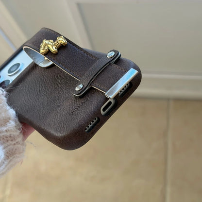 Retro Leather Texture iPhone Case with Wristband Strap & Card Holder