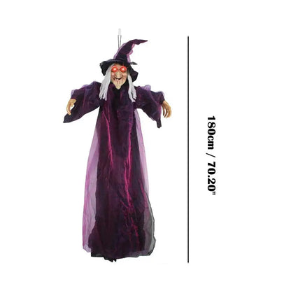 Life-Size Animated Purple Hanging Witch Halloween Prop with Voice Control & LED Eyes