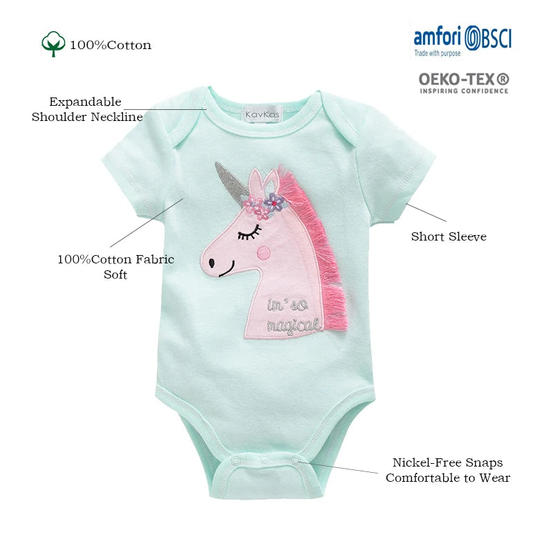 3 Pcs Cute Unicorn Print Short-Sleeve Jumpsuit