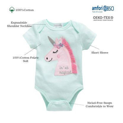 3 Pcs Cute Unicorn Print Short-Sleeve Jumpsuit