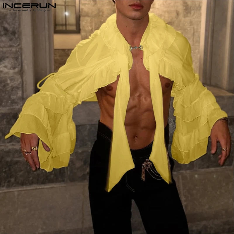 INCERUN Men's Solid Color Chiffon See-Through Ruffle Cardigan Shirt
