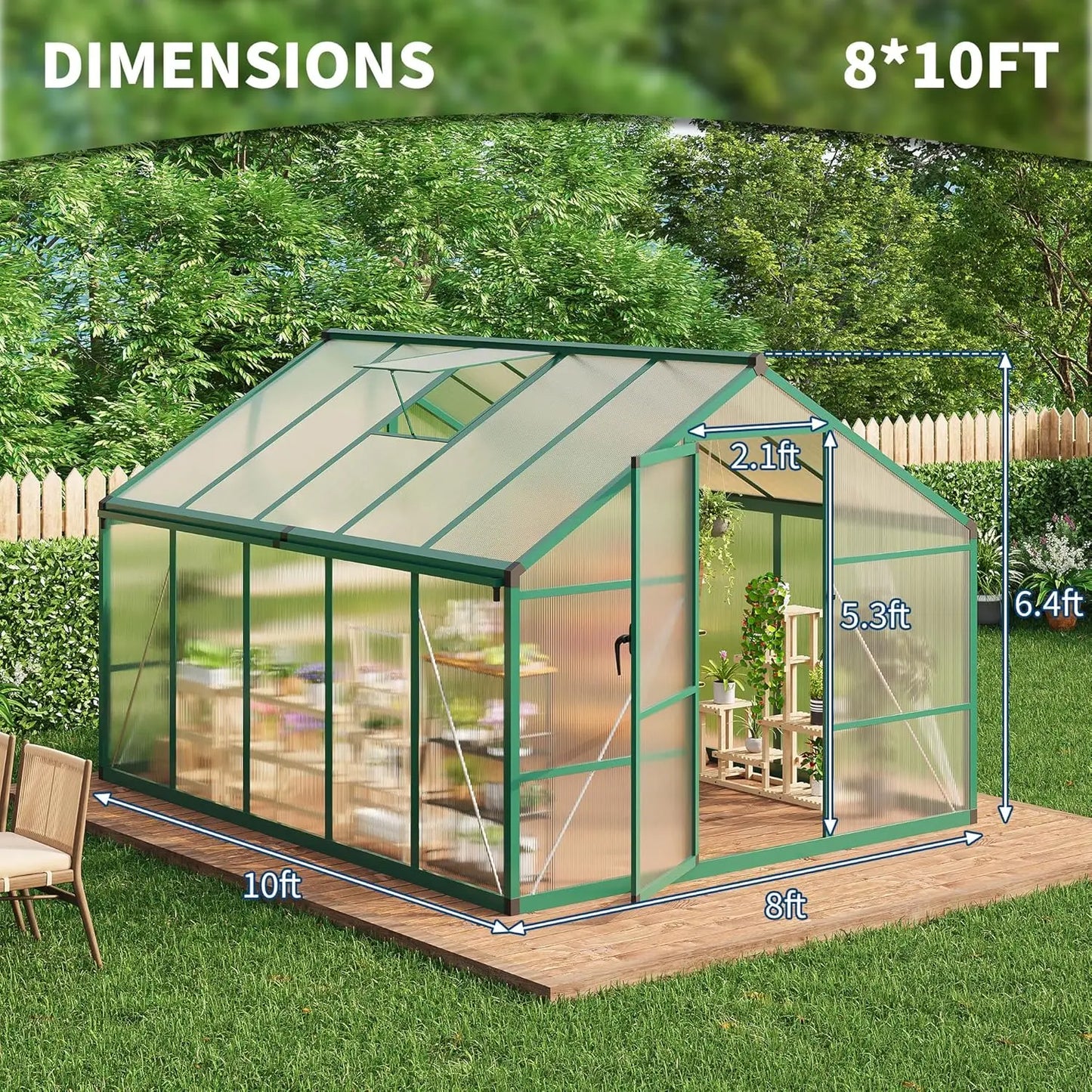 8x10FT Walk-in Polycarbonate Greenhouse with Roof Vent, Ground Nails, Lockable Push Door