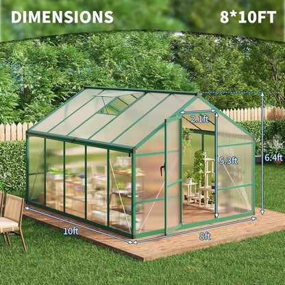 8x10FT Walk-in Polycarbonate Greenhouse with Roof Vent, Ground Nails, Lockable Push Door