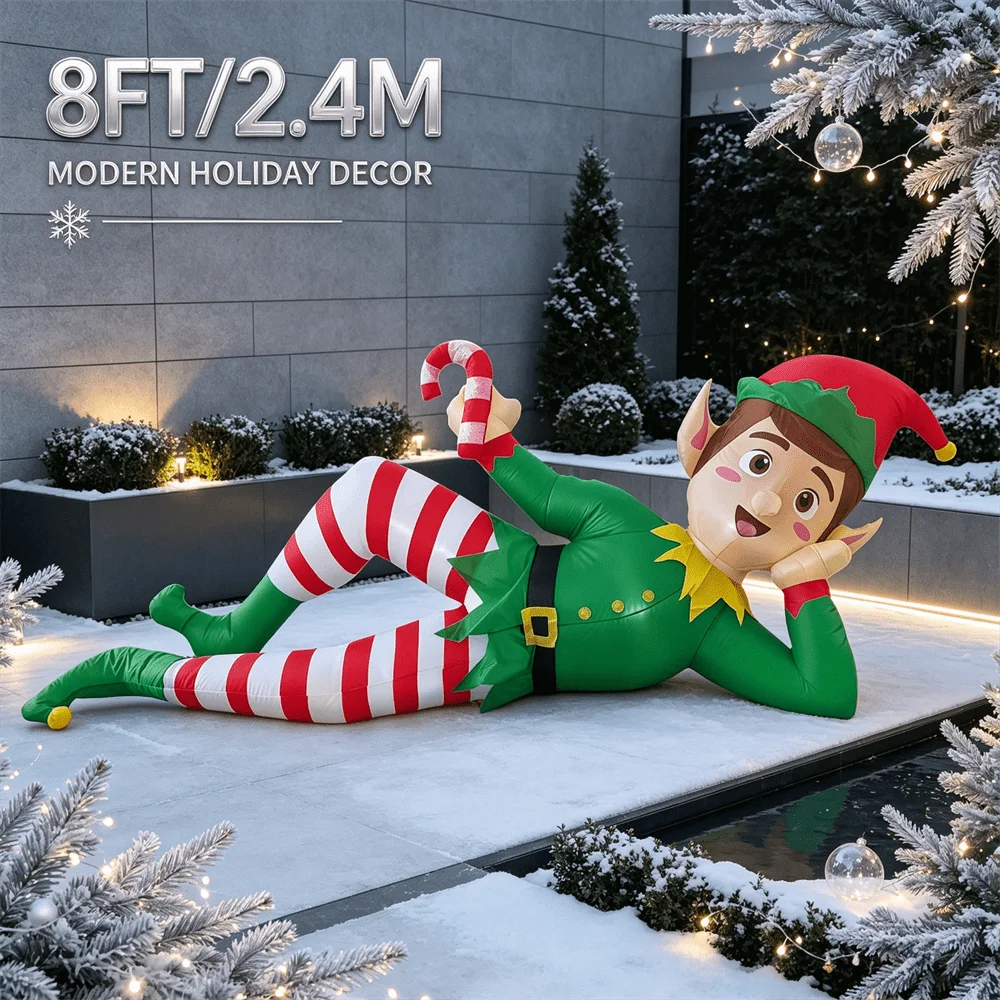8FT Christmas Inflatable Lying Elf with Candy Cane