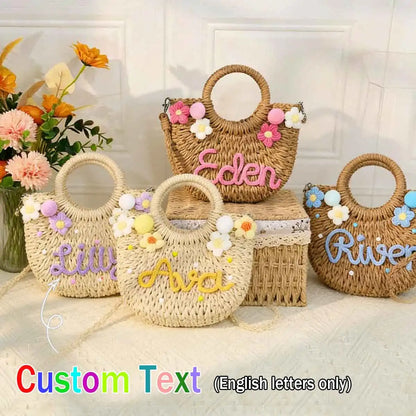 Personalized Hand-Woven Straw Tote Bag – Custom Embroidered Beach & Vacation Crossbody Bag
