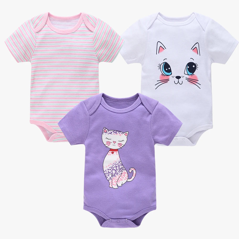 3 Pcs Cute Unicorn Print Short-Sleeve Jumpsuit