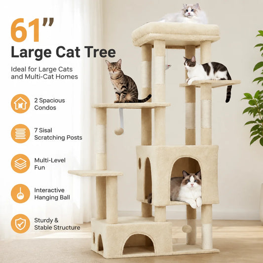 61" Multi-Level Blue Cat Tree Tower with 7 Sisal Scratching Posts & Dual Condos