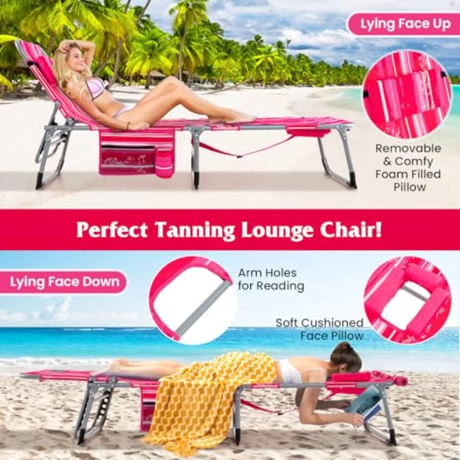 Pink Stripe 330LBS Capacity Beach Lounge Chair with Face Arm