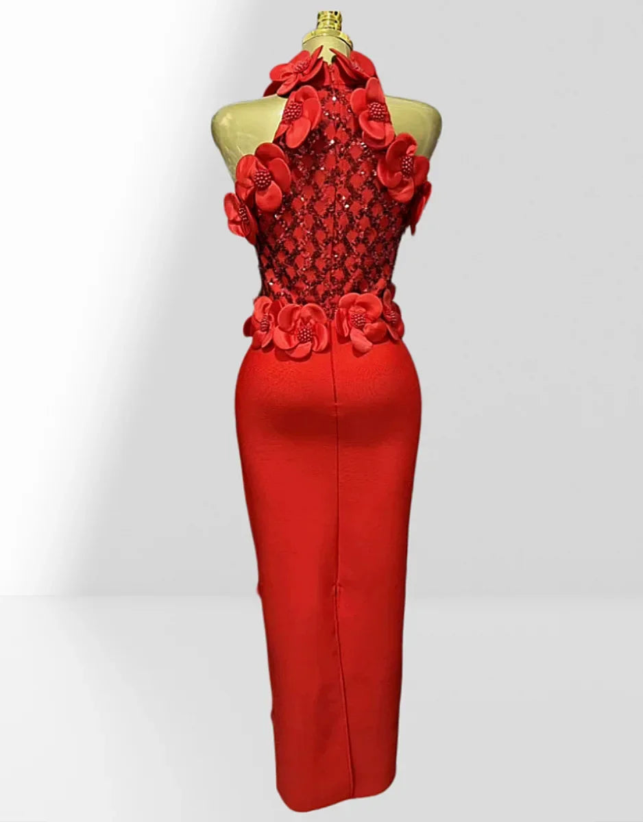Glamorous Sequined 3D Flower Halter Bodycon Evening Gown