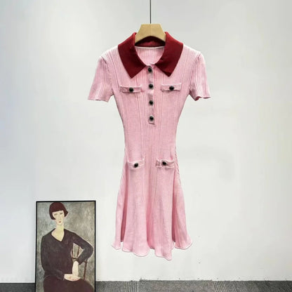 French Elegant Color Block Collar Short Sleeve Dress
