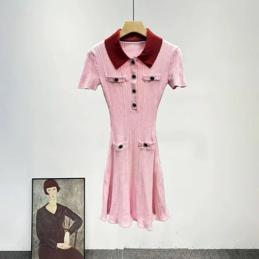 French Elegant Color Block Collar Short Sleeve Dress