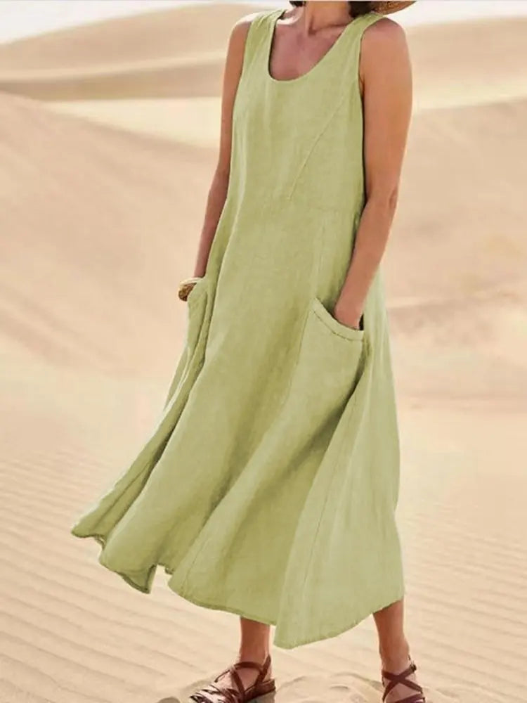 Cotton Linen Sleeveless Double Big Pocket Loose Dress