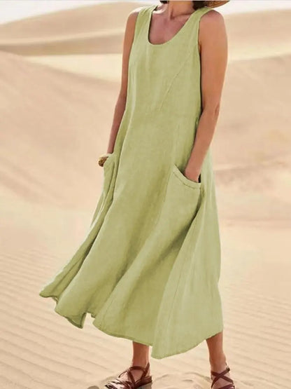 Cotton Linen Sleeveless Double Big Pocket Loose Dress