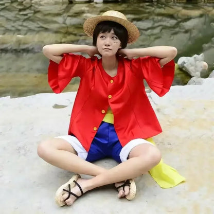 Kids' Anime Luffy Cosplay Costume Set with Straw Hat