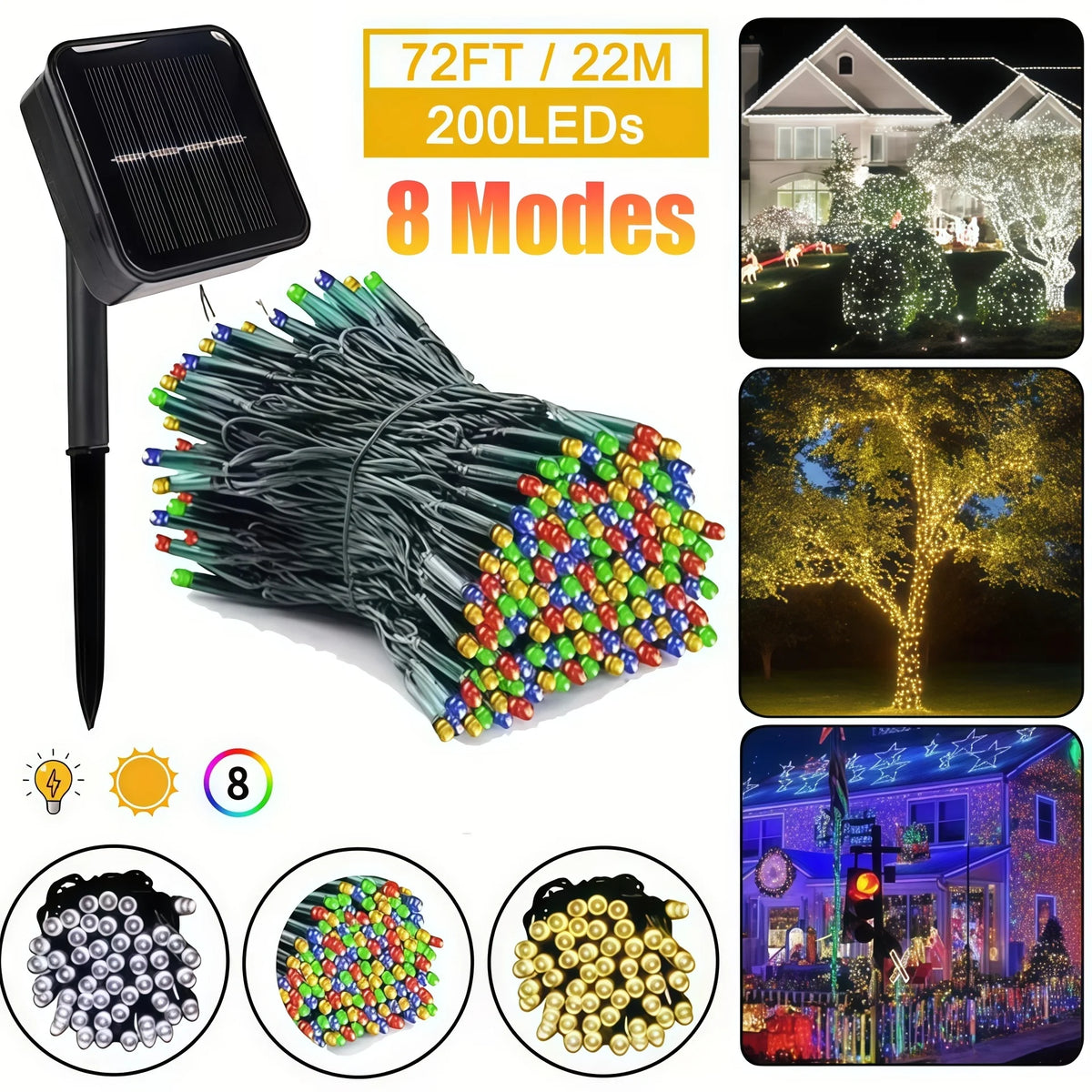 8 Modes Solar LED String Fairy Lights, Outdoor Waterproof Festoon Garland Lamps