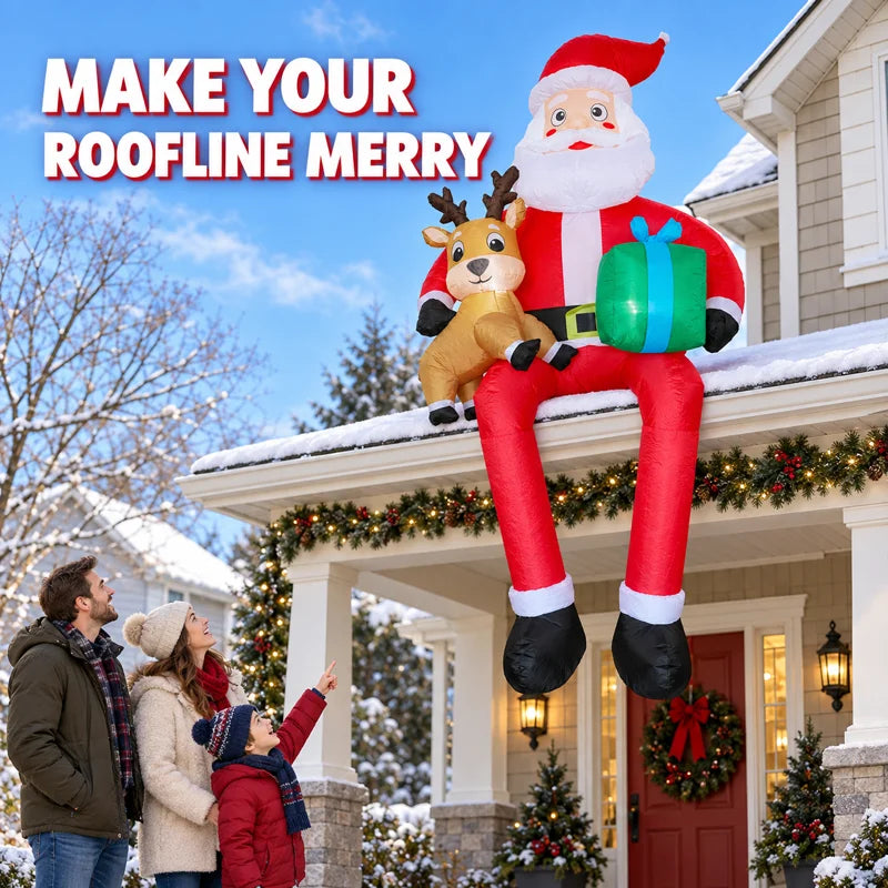9.5FT Giant Christmas Inflatable Santa Claus Sitting on Roof with Reindeer and Gift Box