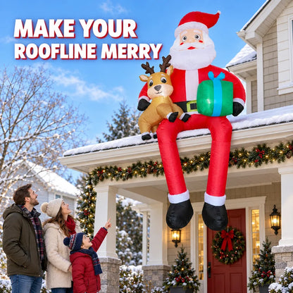 9.5FT Giant Christmas Inflatable Santa Claus Sitting on Roof with Reindeer and Gift Box