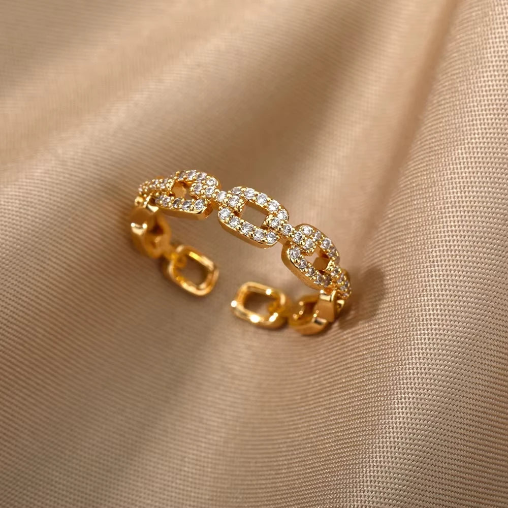 18K Gold Plated Zircon Geometric Open Ring – Trendy Waterproof Stainless Steel Jewelry