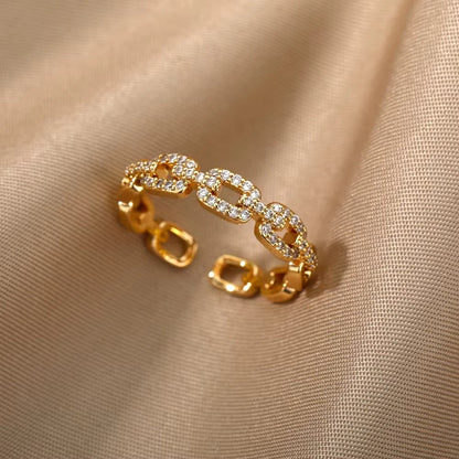 18K Gold Plated Zircon Geometric Open Ring – Trendy Waterproof Stainless Steel Jewelry