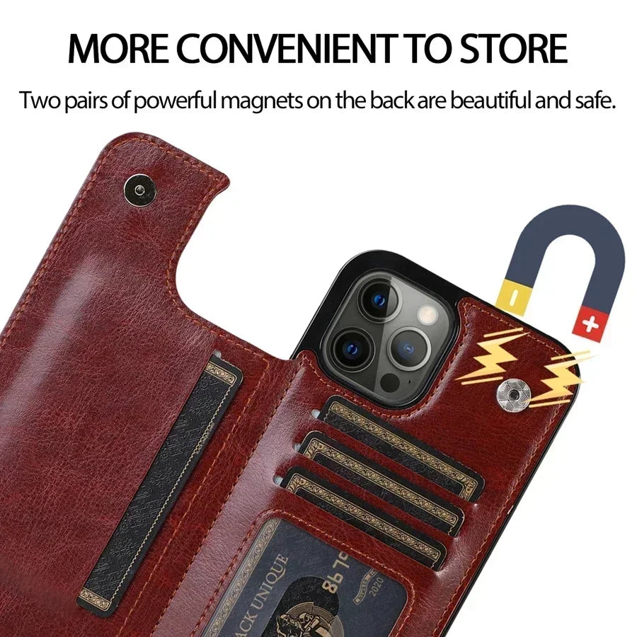 Double Button With Card Slot Stand Flip Leather Case For iPhone