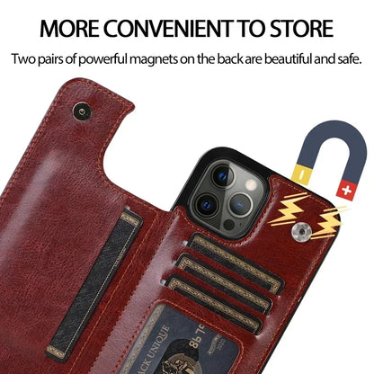 Double Button With Card Slot Stand Flip Leather Case For iPhone