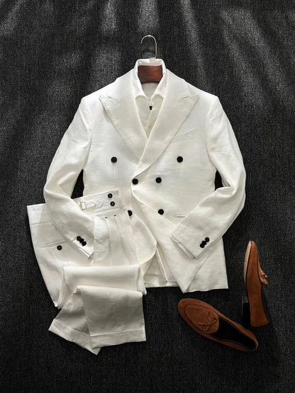 Men's 100% Linen Double-Breasted 2-Piece Formal Business Suit Set