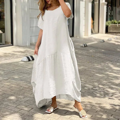 Women's Round Neck Cotton Linen Casual Pocket Summer Midi Dress