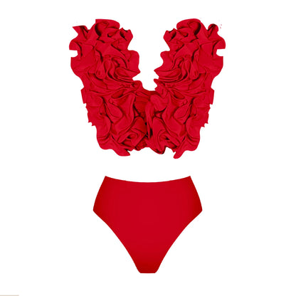 Solid Red Flower One-piece Swimsuit