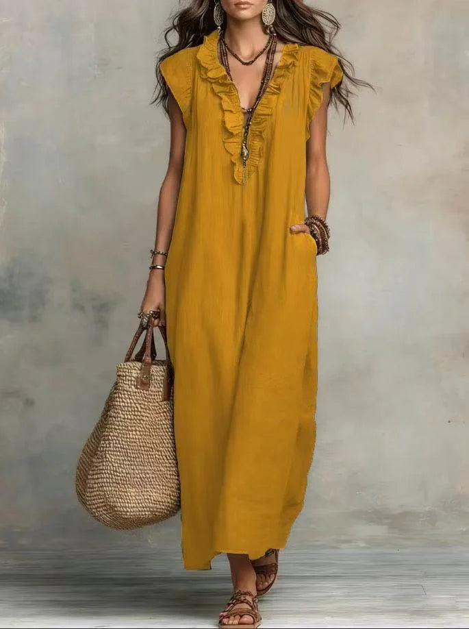 Women's Boho V-Neck Sleeveless Ruffle Solid Color Maxi Dress