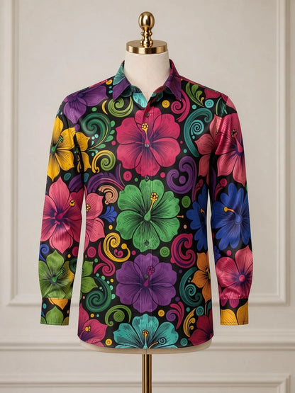Men's Trendy Satin Long Sleeve Button Down Dress Shirt