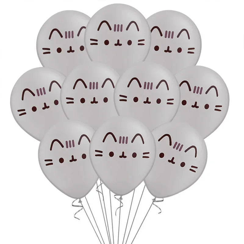 10PCS 12 Inch Cartoon Anime Pusheen Latex Balloons Set, Cute Cat Pet Party Decor
