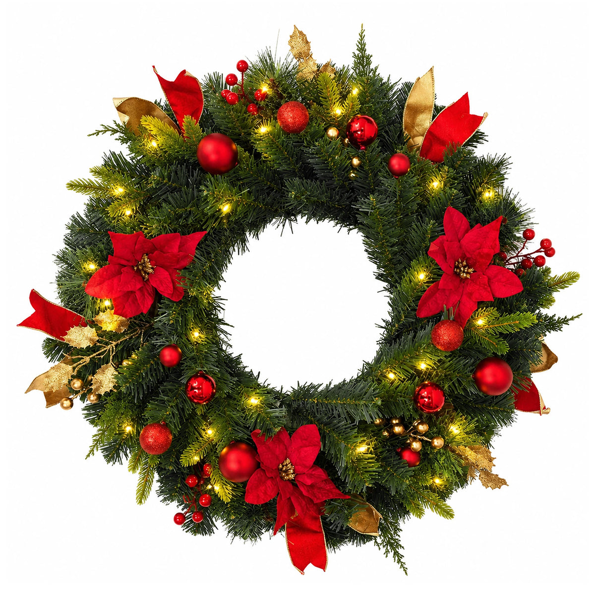 24-Inch Pre-Lit Christmas Wreath with Red Poinsettias & LED Lights