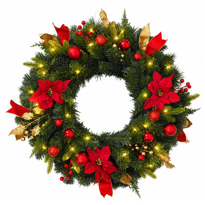 24-Inch Pre-Lit Christmas Wreath with Red Poinsettias & LED Lights