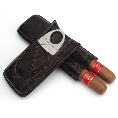 Xifei 2 Slot Leather Cigar Case Set W/ Stainless Steel Cutter