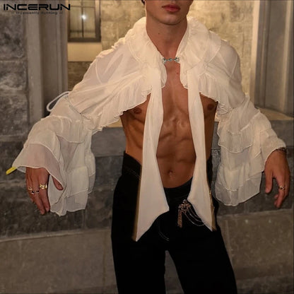 INCERUN Men's Solid Color Chiffon See-Through Ruffle Cardigan Shirt