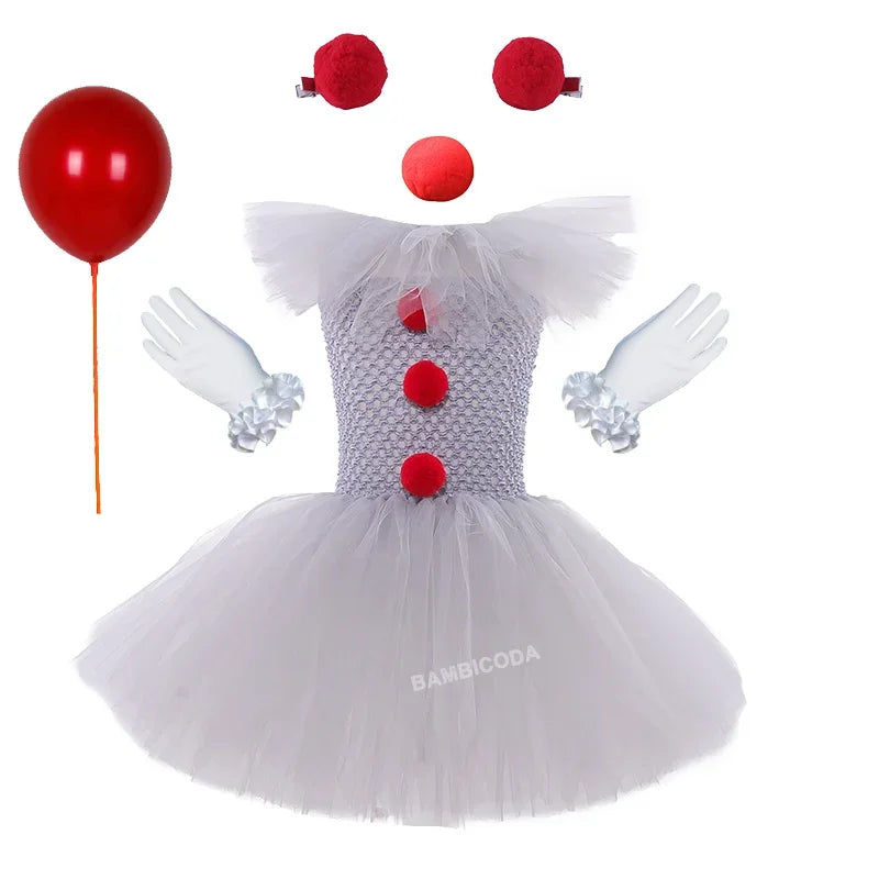 Girls' Pennywise Halloween Costume Dress Set - Creepy Clown Tutu Outfit for Kids