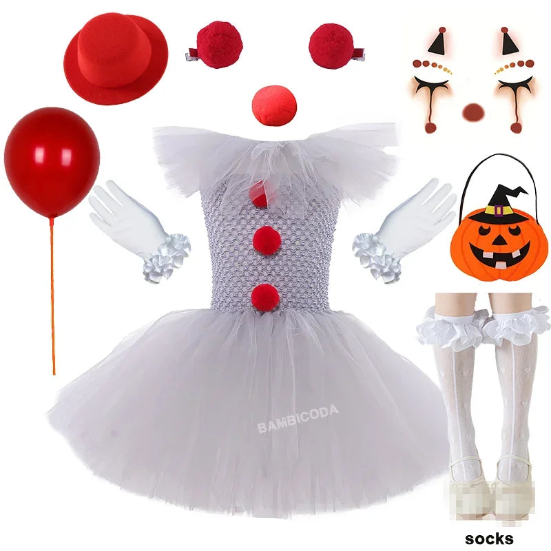 Girls' Pennywise Halloween Costume Dress Set - Creepy Clown Tutu Outfit for Kids
