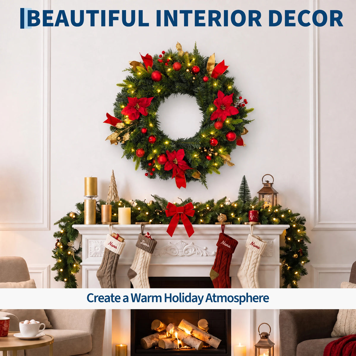 24-Inch Pre-Lit Christmas Wreath with Red Poinsettias & LED Lights