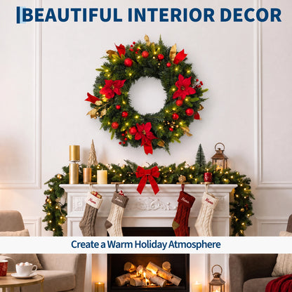 24-Inch Pre-Lit Christmas Wreath with Red Poinsettias & LED Lights