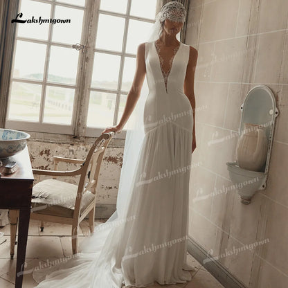 Sleeveless Deep V-Neck Mermaid Wedding Dress with Lace Bodice & Chiffon Skirt