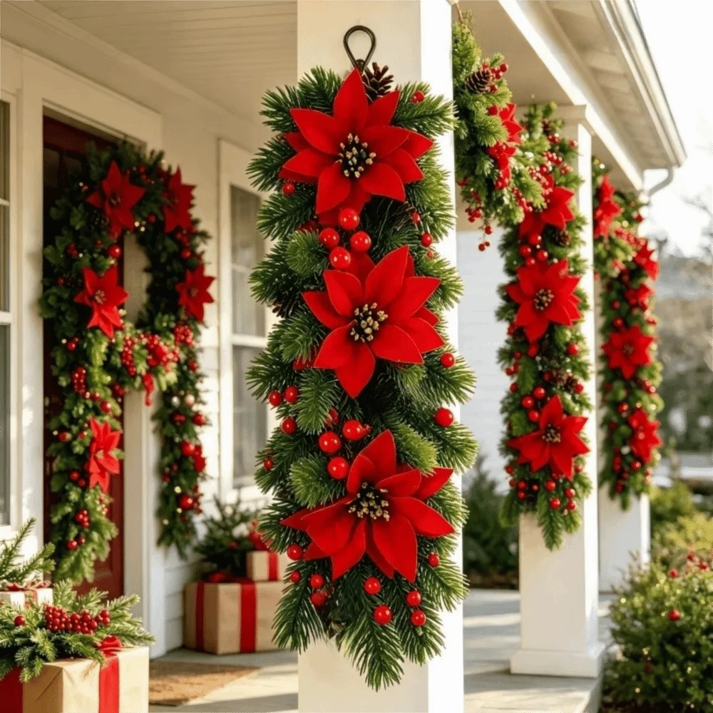 Wall-Mounted Christmas Hanging Vine with Red Berries & Poinsettia