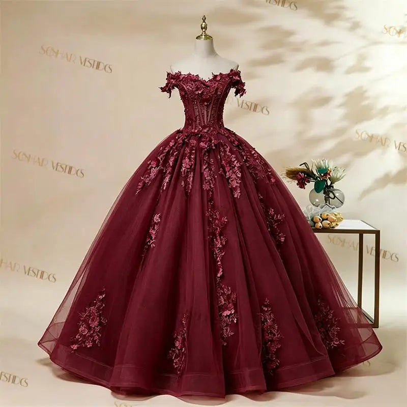 Off-The-Shoulder Floral Applique Quinceañera Ball Gown