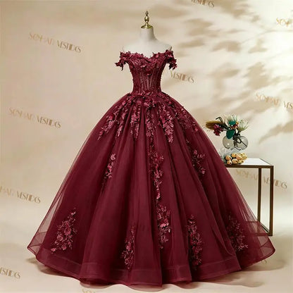 Off-The-Shoulder Floral Applique Quinceañera Ball Gown