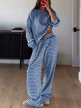 Striped Printed Oversized Long-sleeved Top High-waist Trouser Set