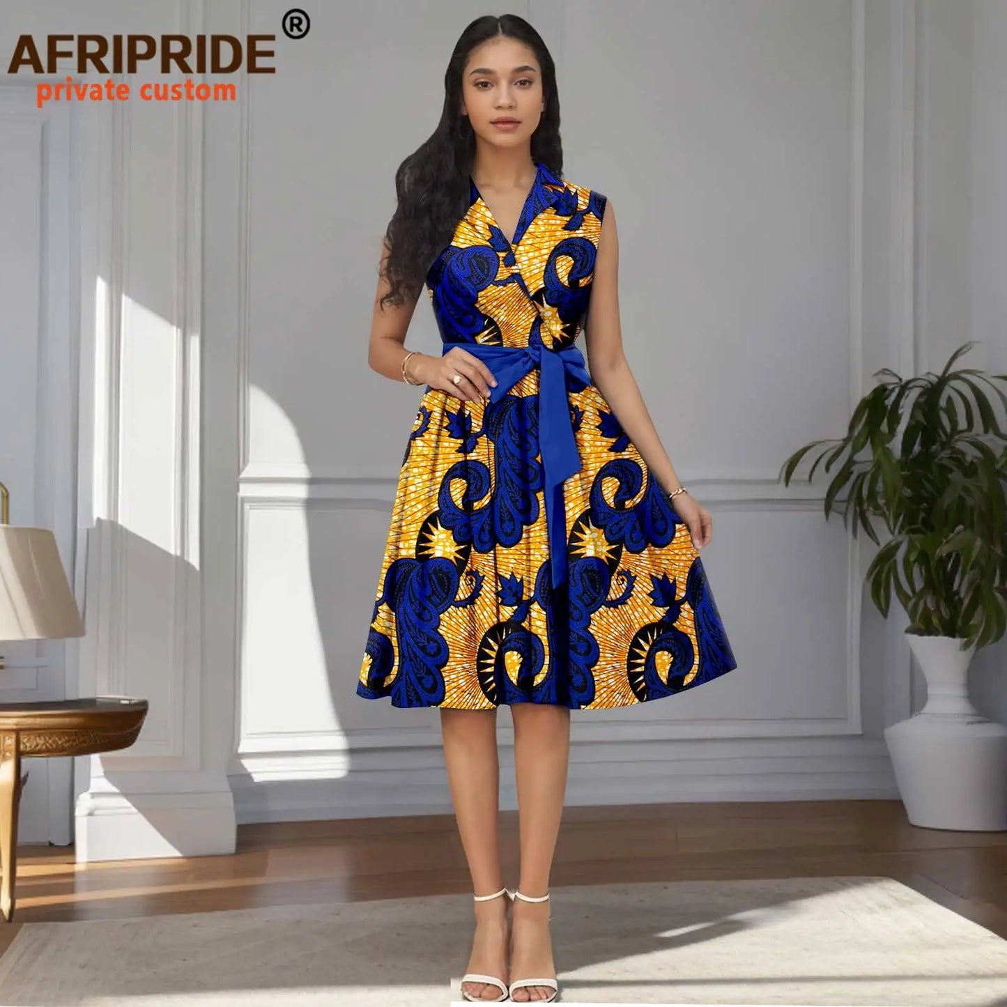 Designer Print Sleeveless High Waist Dress with Sash