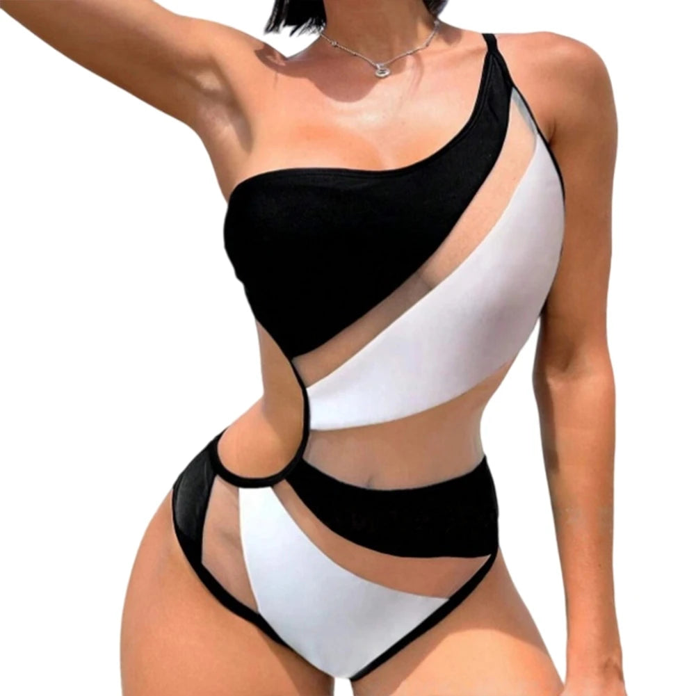Women One-Piece Swimsuit One-shoulder Mesh Hollow Out Spliced Bathing Suit