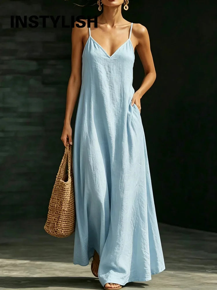 Women’s Casual V-Neck Spaghetti Strap Maxi Dress – Loose Swing Summer Beach Sundress